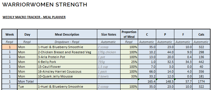 google sheets meal planner with macros template