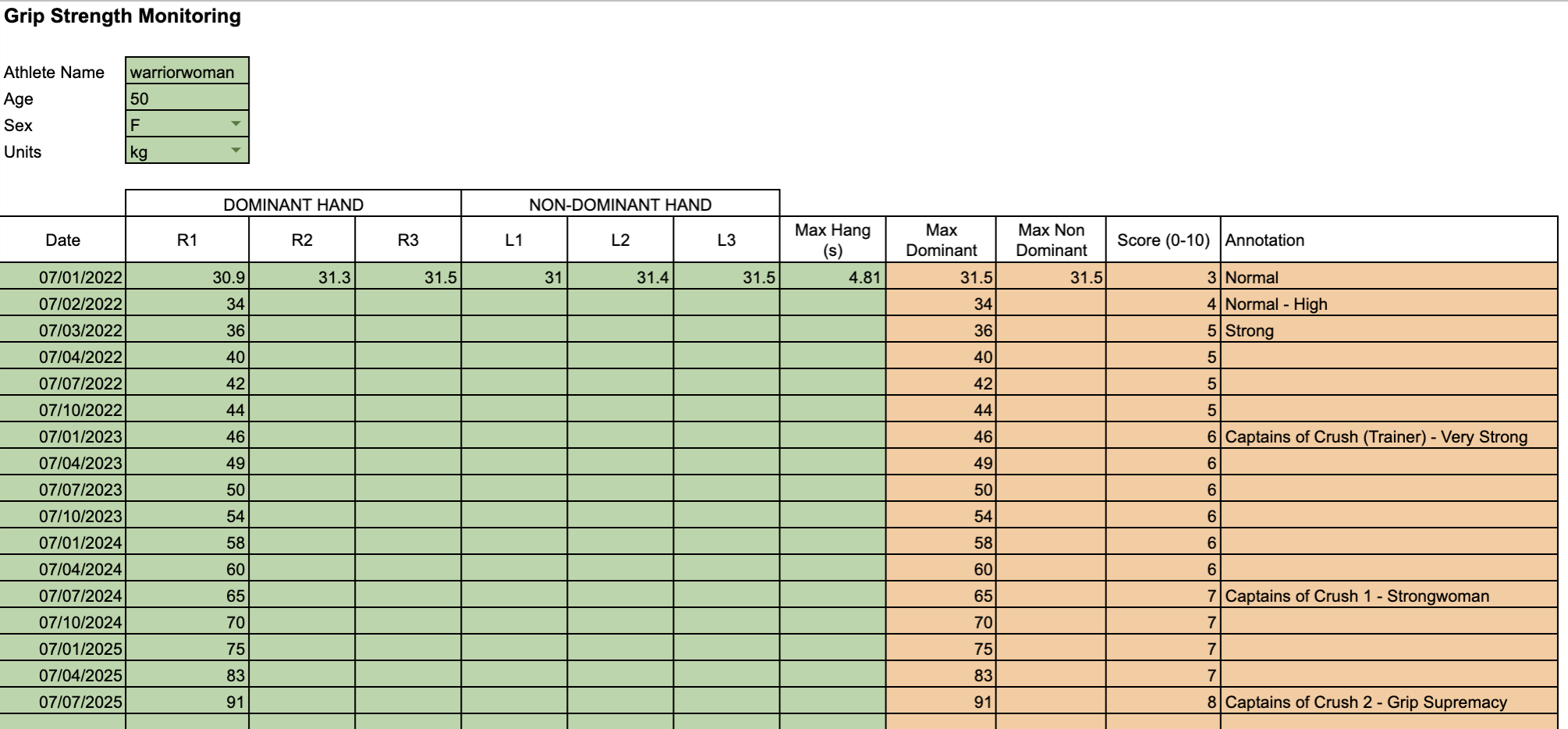 Grip Strength Monitoring Template – with imaginary future performance!